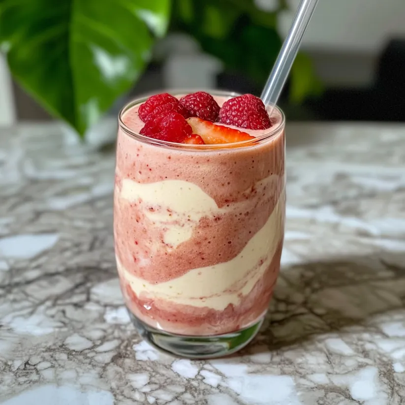 A glass of smoothie with strawberries and raspberries.