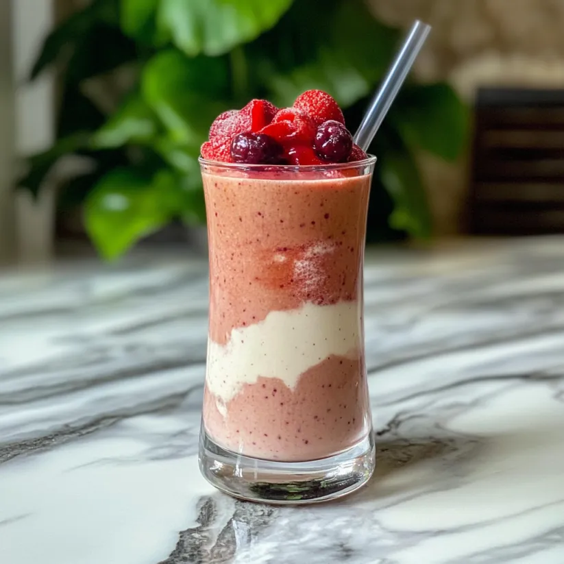 A glass of a smoothie with strawberries and raspberries.