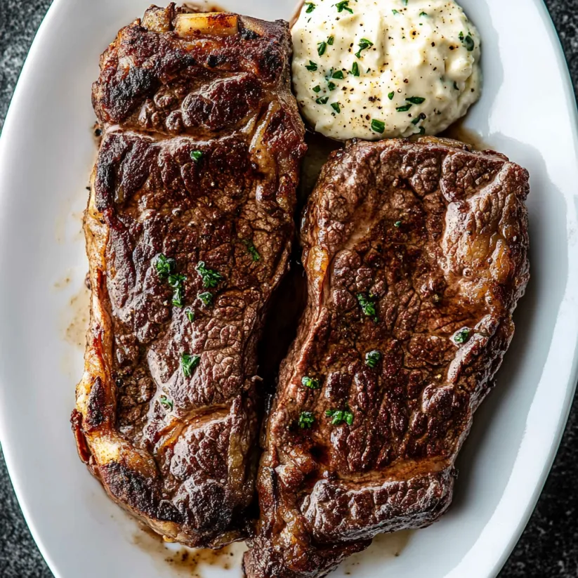 A plate of steak with a side of mashed potatoes.