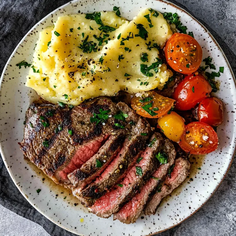 A plate of food with steak and potatoes.