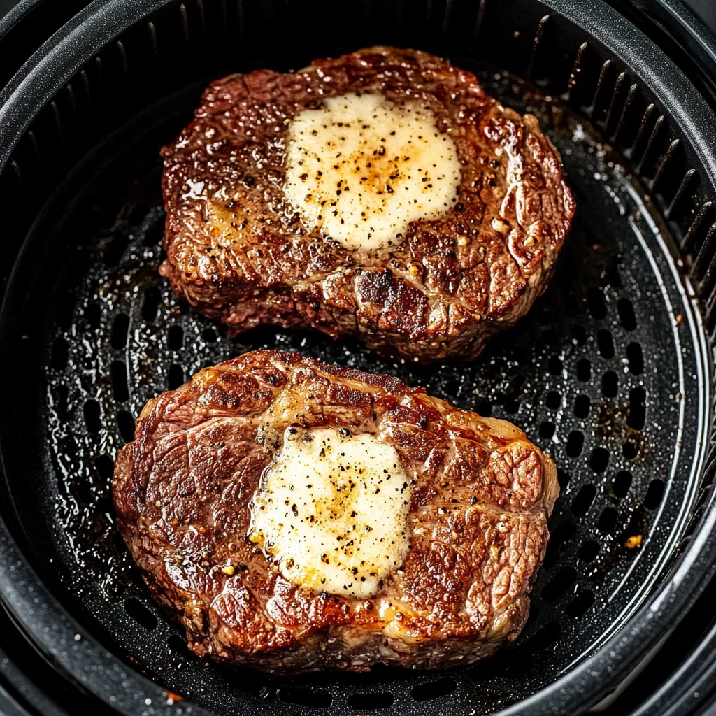 Two pieces of steak in an air fryer.