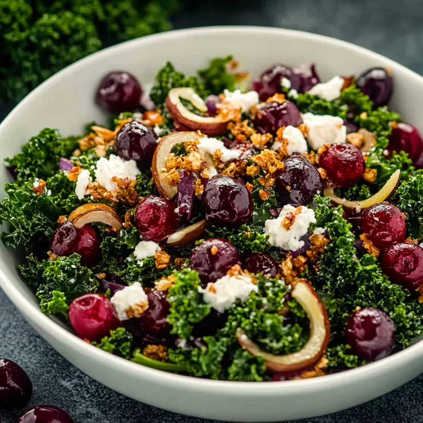 A bowl of kale cherry salad.