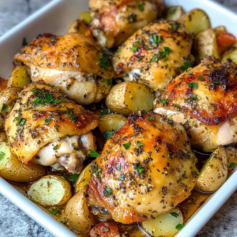 A plate of roasted chicken thighs and baby potatoes.