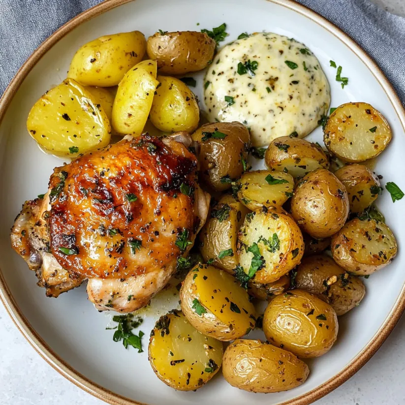 A plate of roasted chicken thighs and baby potatoes.