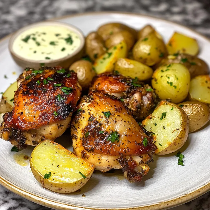 A plate of roasted chicken thighs and baby potatoes.