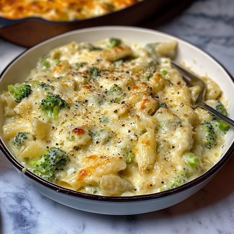 A bowl of pasta with broccoli and cheese.