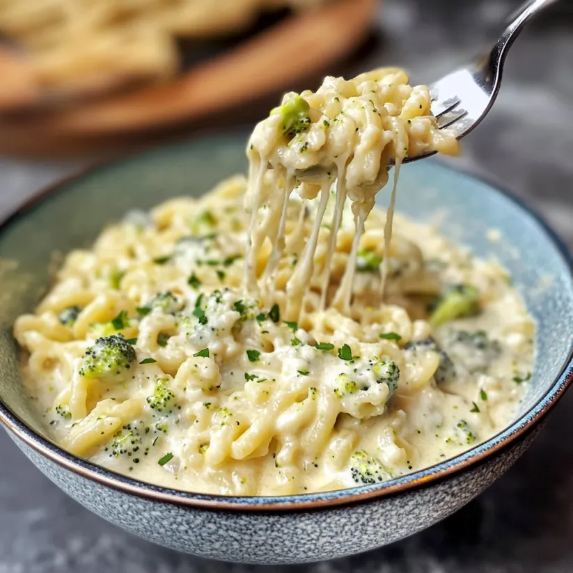A fork is in a bowl of pasta with broccoli.