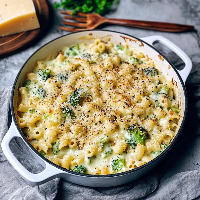 A pan of cheesy and creamy broccoli pasta.