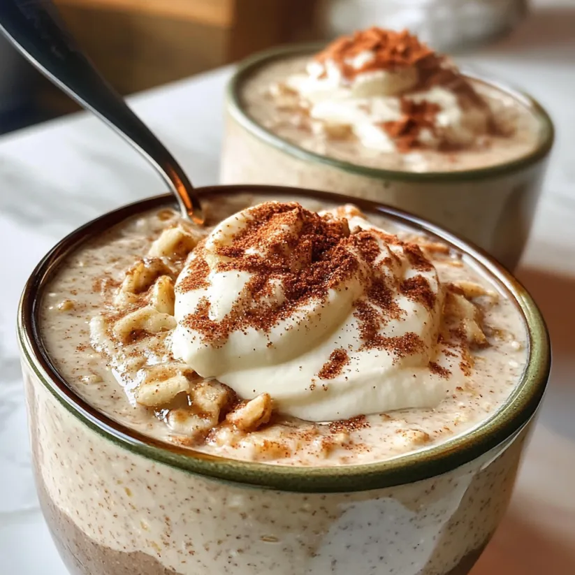 A bowl of blended cinnamon roll protein overnight oats.