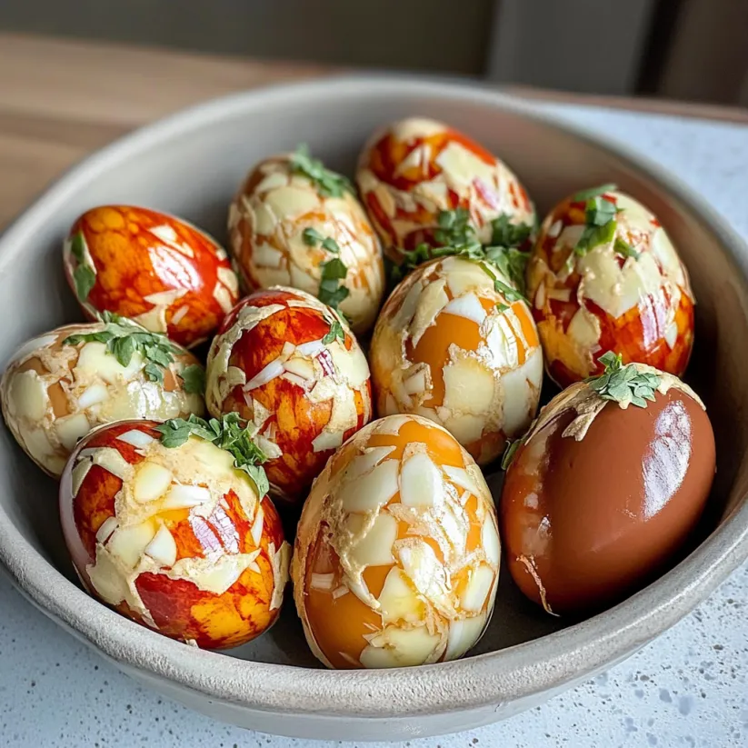A bowl of eggs with onion skins on them.