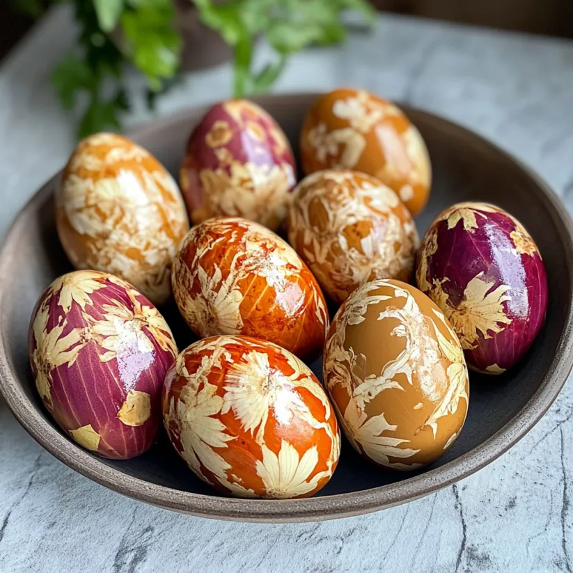 A bowl of eggs with a natural dye made from onion skins.