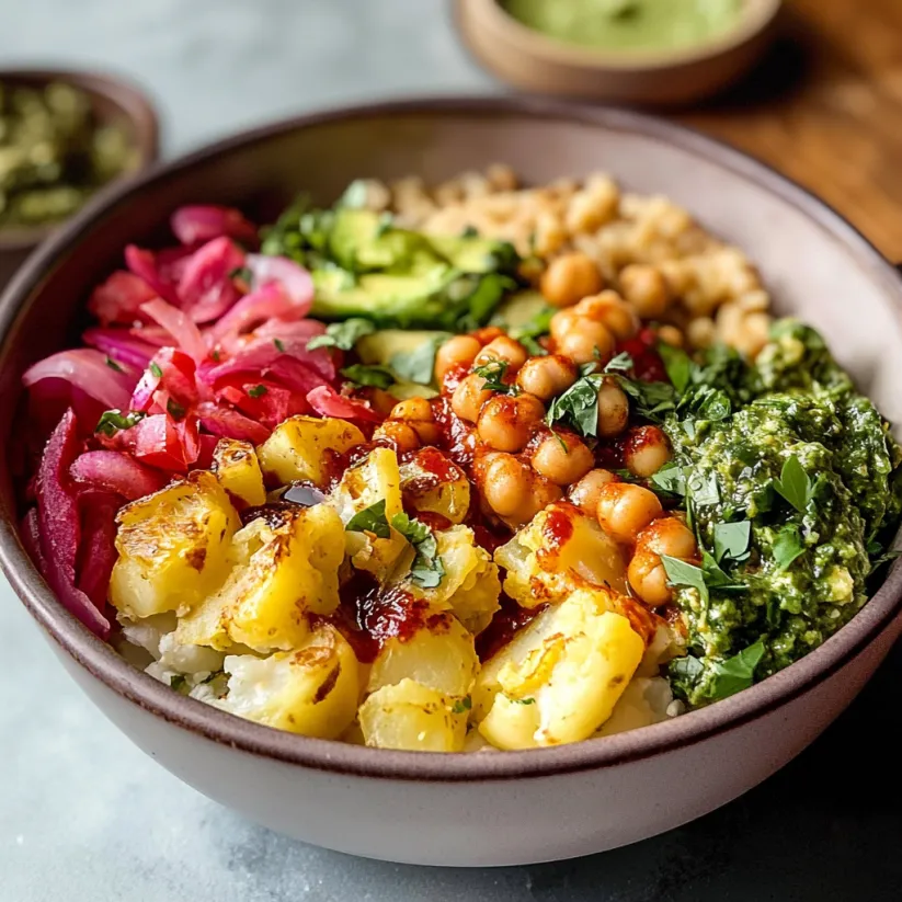 A bowl of food with a variety of ingredients including chickpeas, potatoes, and onions.
