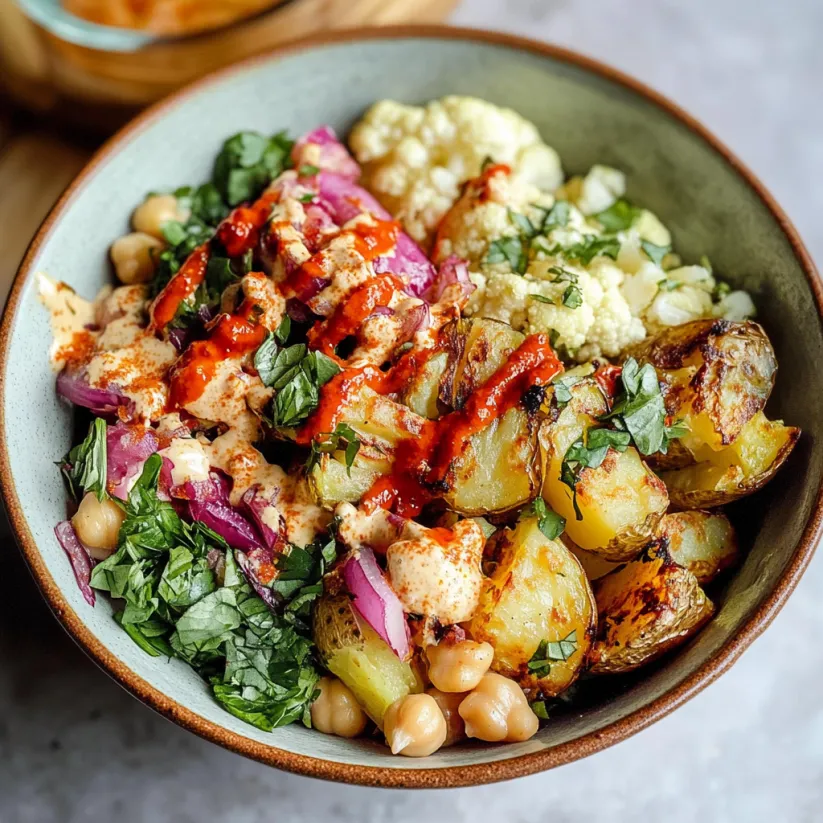 A bowl of vegetables including potatoes, cauliflower, and chickpeas.