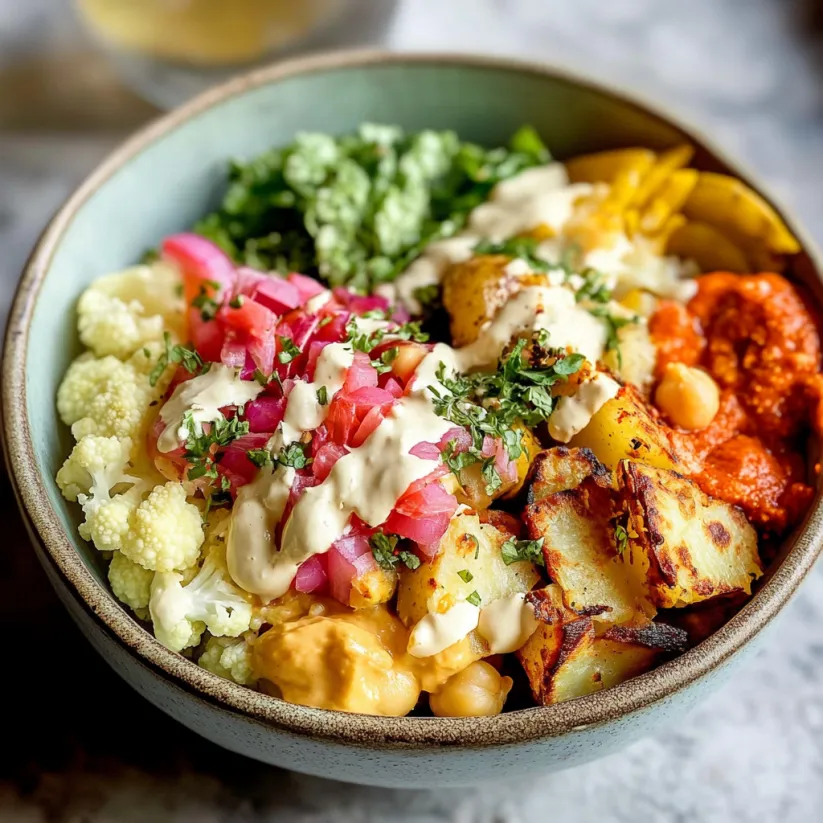 A bowl of food with cauliflower, chickpeas, and potatoes.