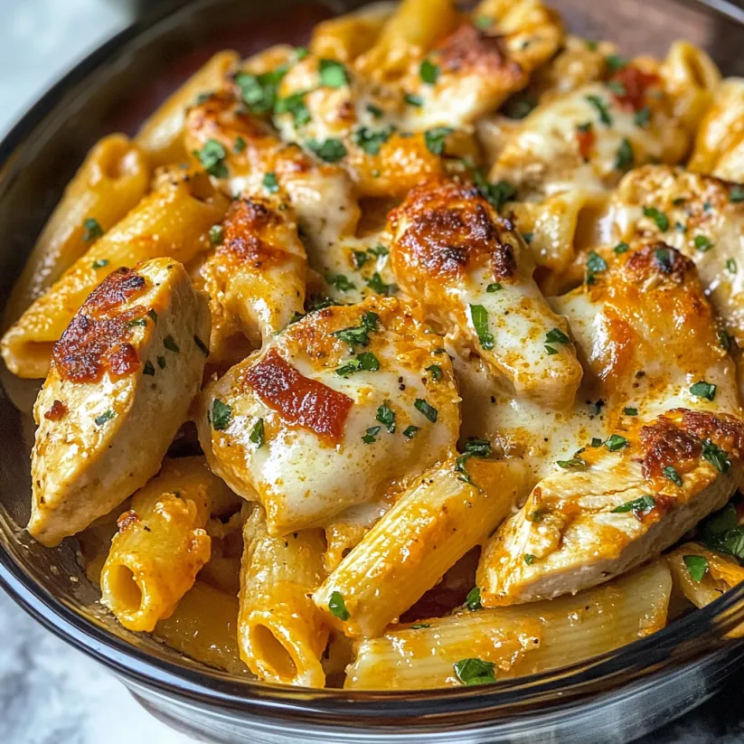 A bowl of pasta with chicken and cheese.