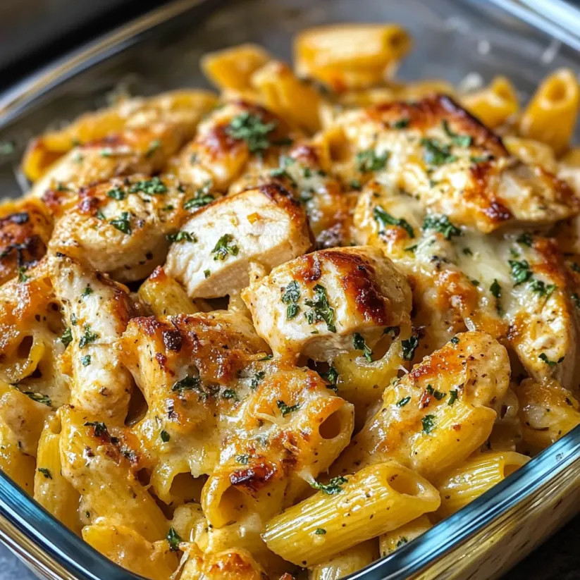 A dish of creamy tuscan chicken pasta.