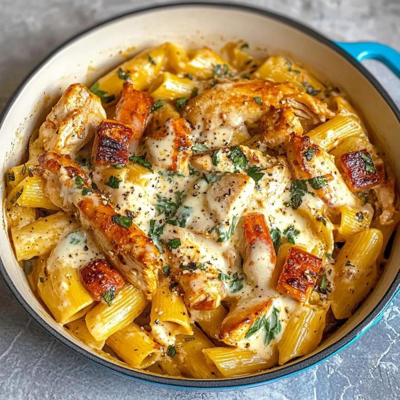 A bowl of creamy tuscan chicken pasta.