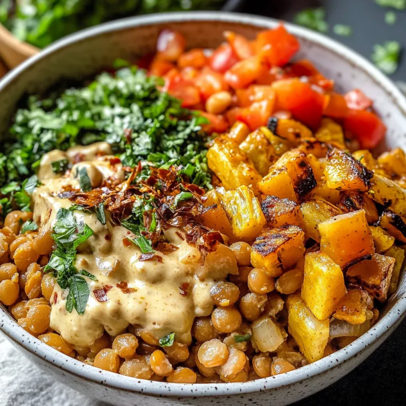 A bowl of food with a variety of vegetables and lentils.