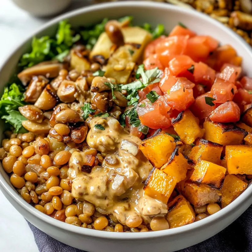 A bowl of food with a variety of ingredients including mushrooms, tomatoes, and beans.