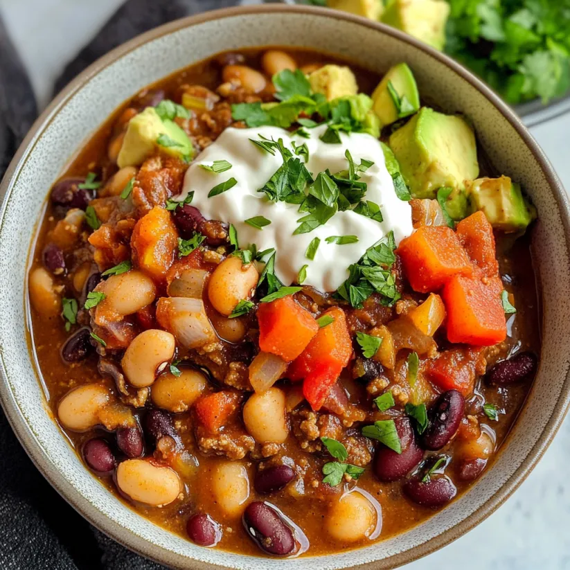 A bowl of vegan 3 bean chili with avocado and sour cream on top.