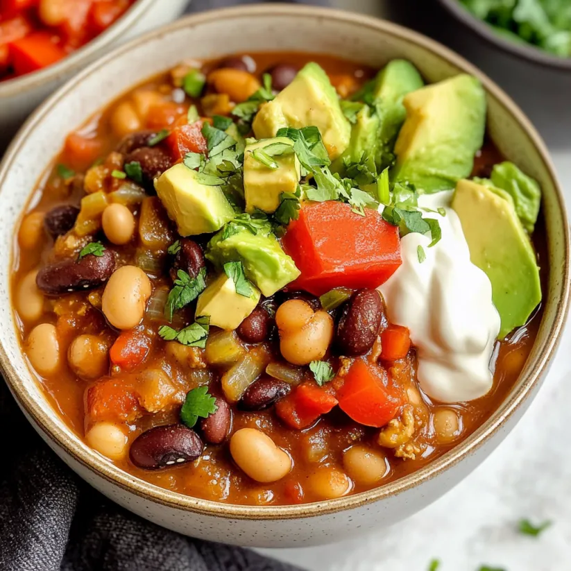 A bowl of vegan 3 bean chili with avocado, sour cream and lime.