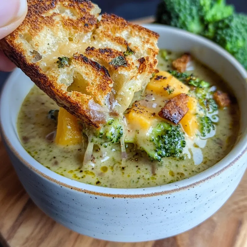 A hand is holding a piece of bread over a bowl of soup.