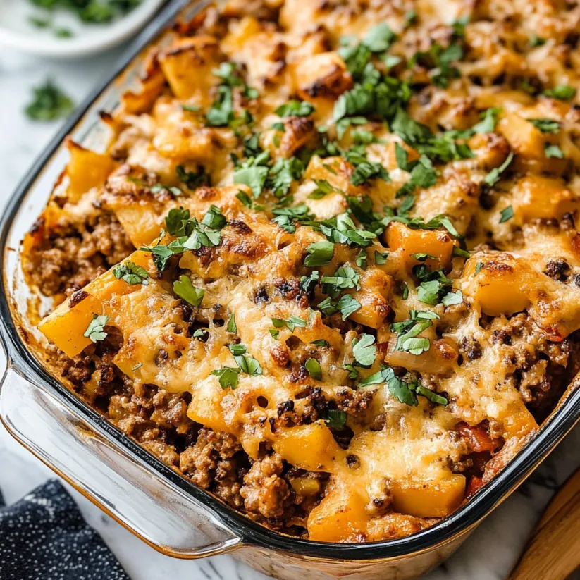 A casserole with meat and vegetables.
