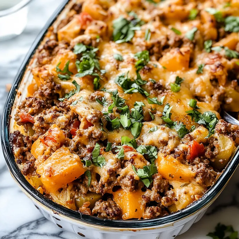 A casserole dish filled with meat and vegetables.