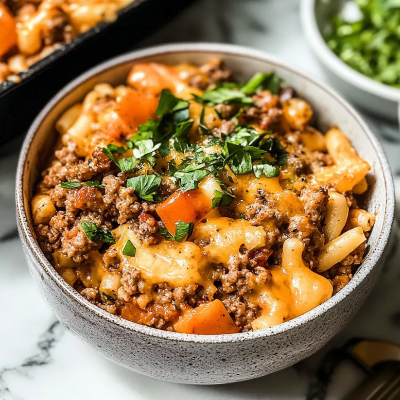 A bowl of hamburger casserole with vegetables.