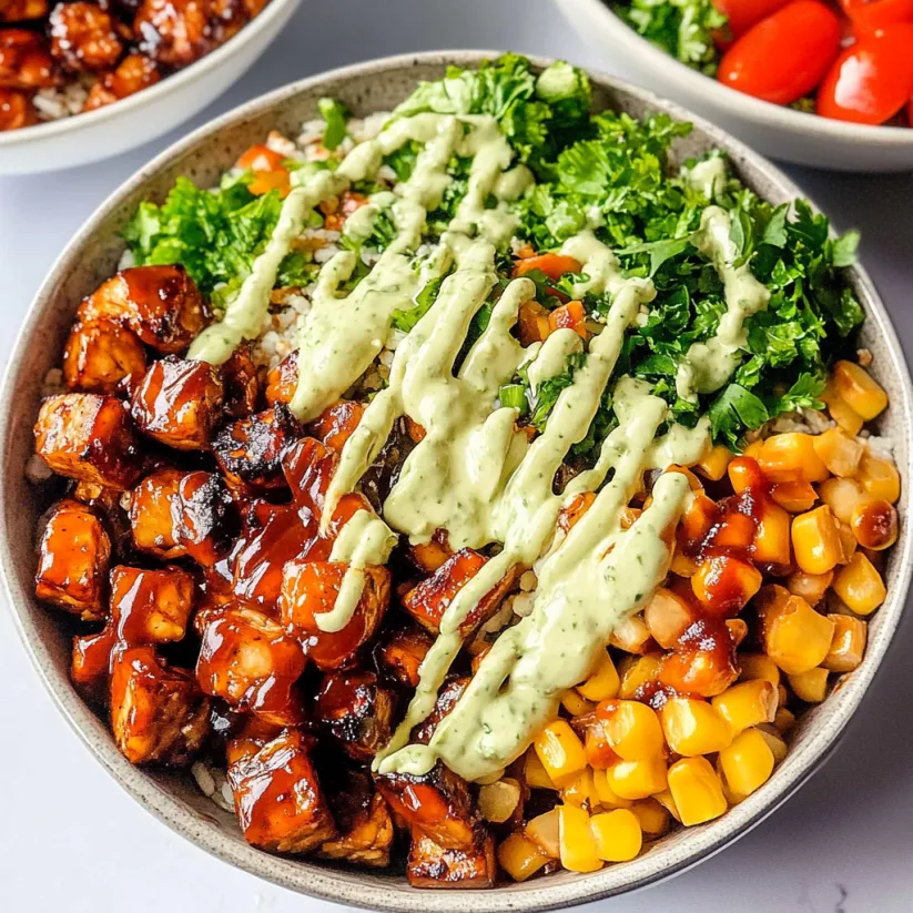 A bowl of BBQ tempeh with sauce and greens.