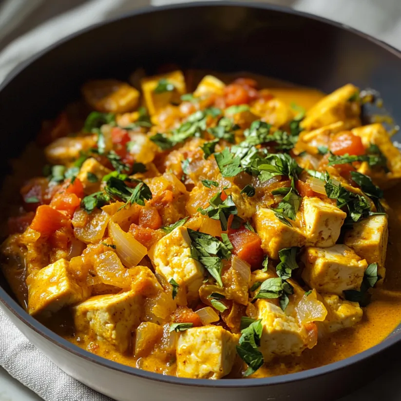 A bowl of curried tofu.