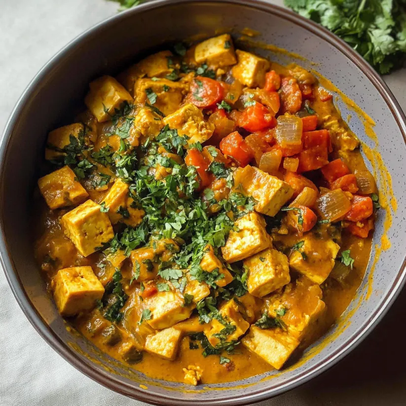 A bowl of curried tofu.