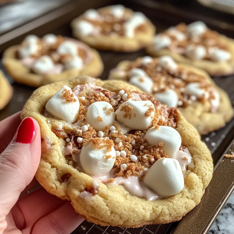 A person holding a cookie with marshmallows on it.