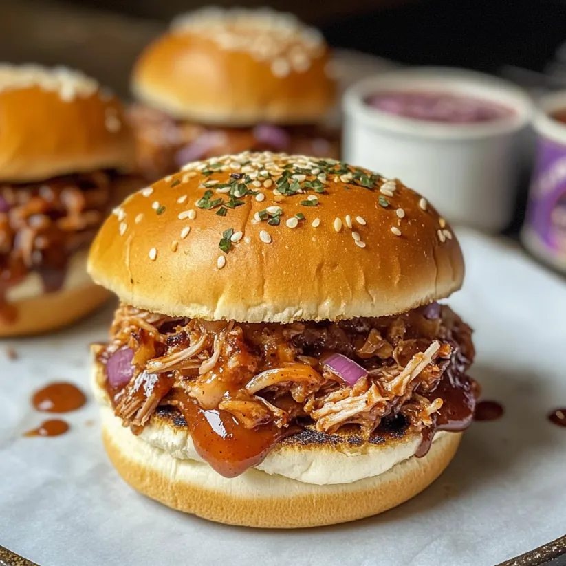 A close up of a BBQ Pulled Pork Sandwich.