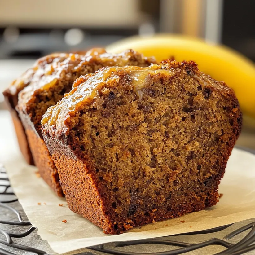 A slice of moist banana bread.