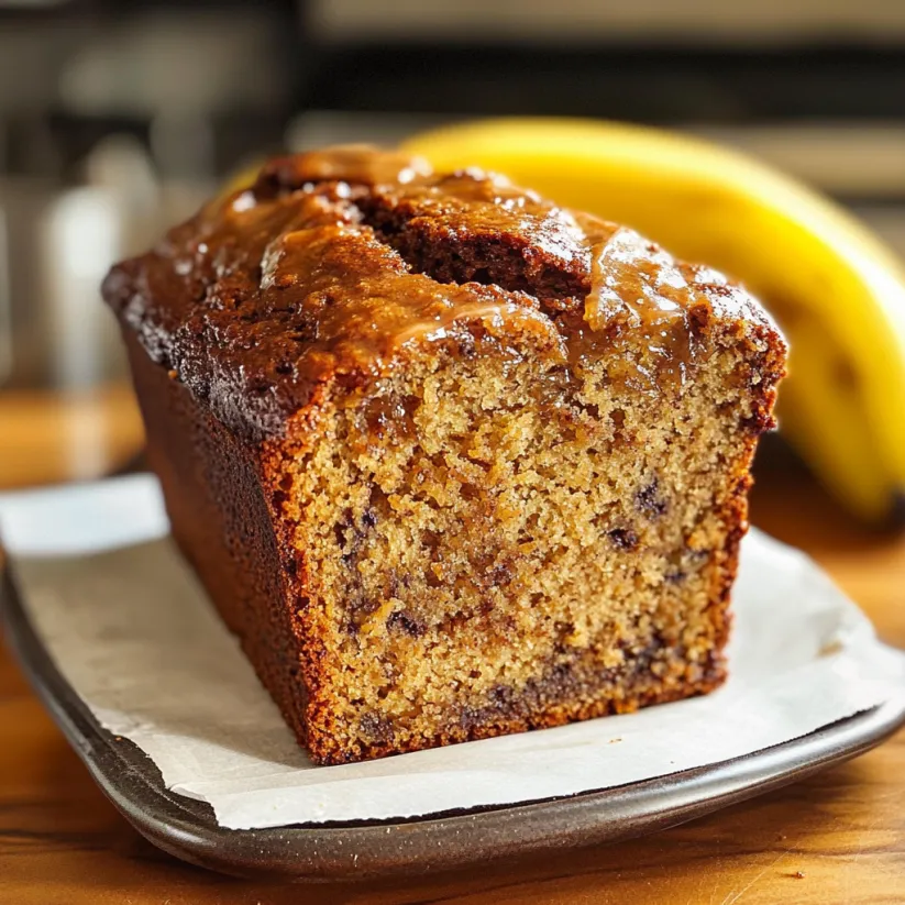 A slice of moist banana bread with a banana on the side.