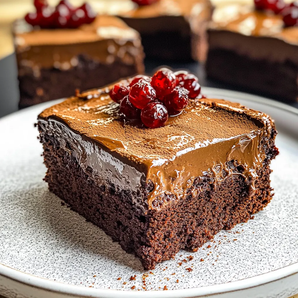 A slice of chocolate magic cake with a cherry on top.