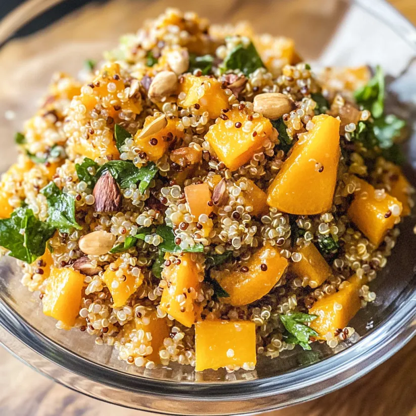 A bowl of quinoa salad with butternut squash.
