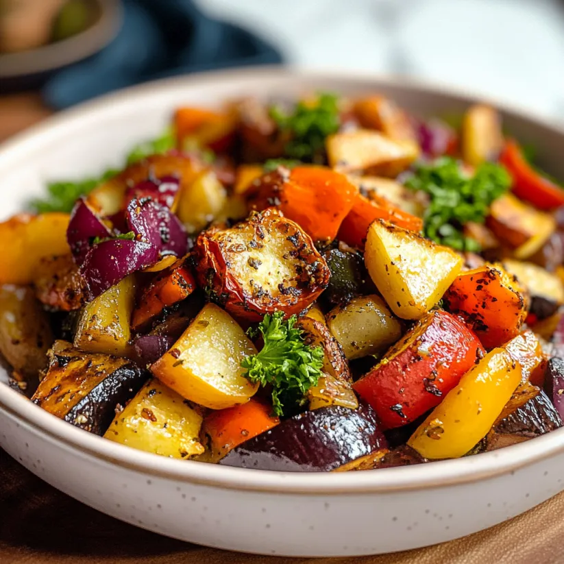 A bowl of roasted vegetables with balsamic dressing.