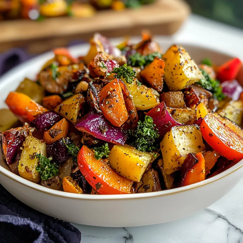 A bowl of roasted vegetables with a balsamic dressing.