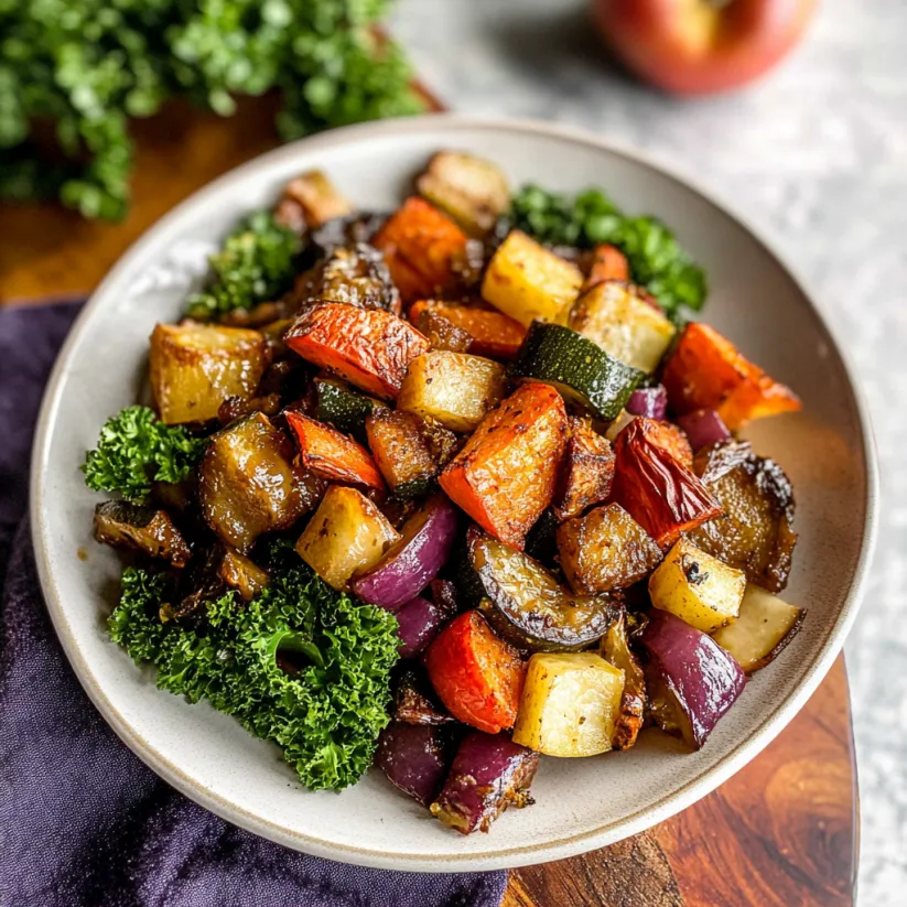 A bowl of roasted vegetables with a balsamic dressing.
