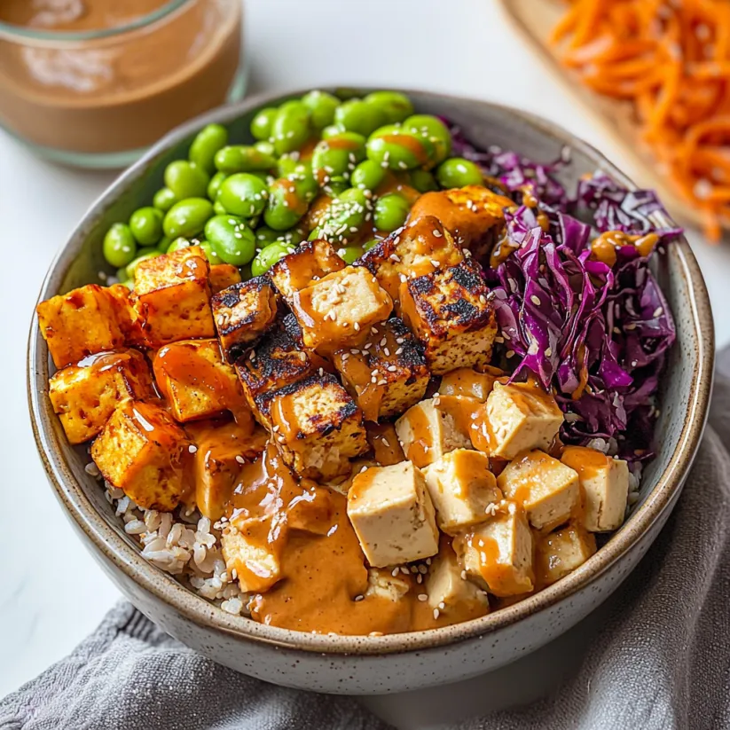 A bowl of tofu, edamame, and other vegetables.
