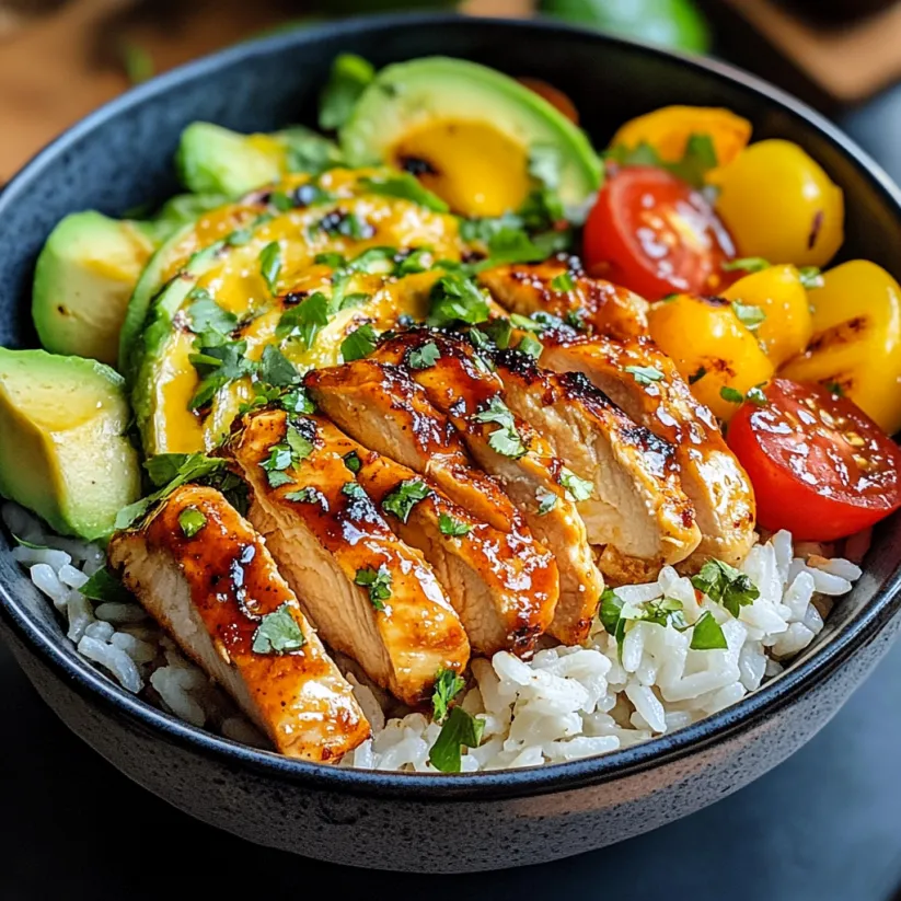 A bowl of rice with chicken, tomatoes, and avocado.