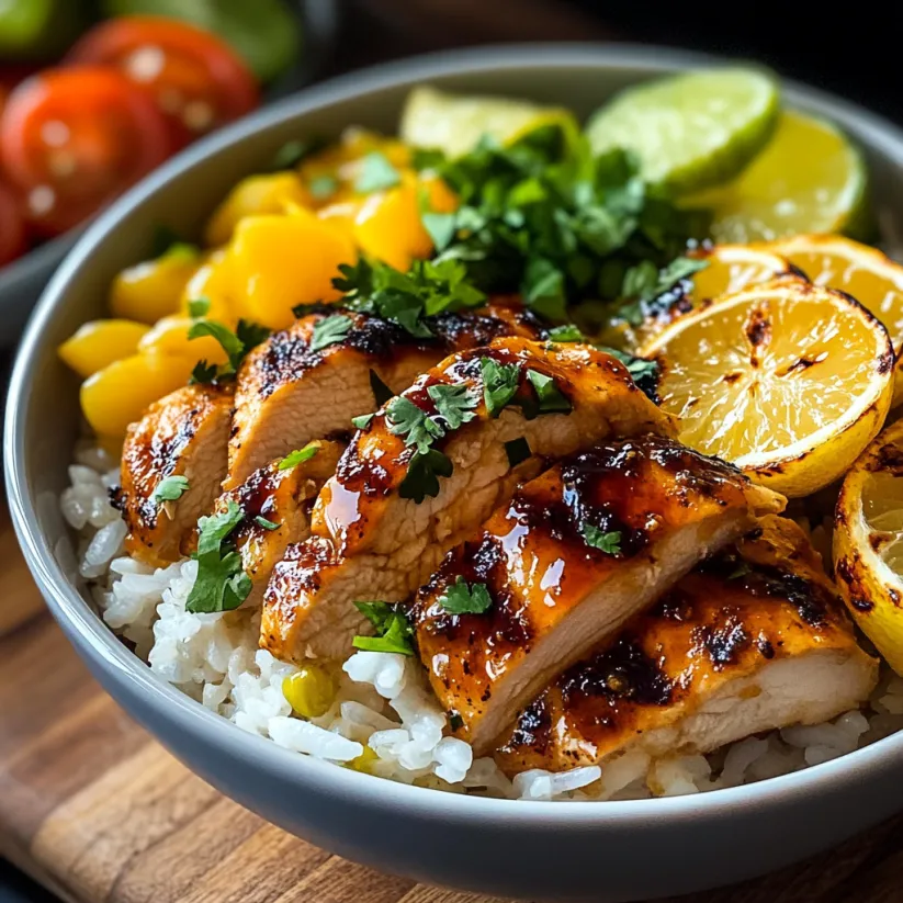 A bowl of rice with chicken and vegetables.