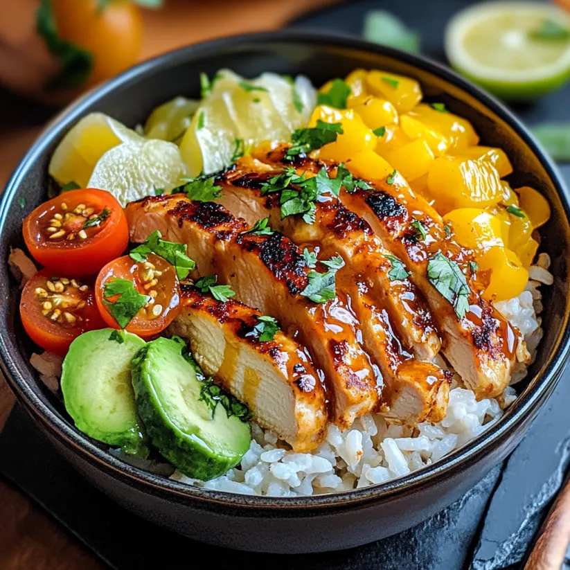 A bowl of rice with chicken and vegetables.