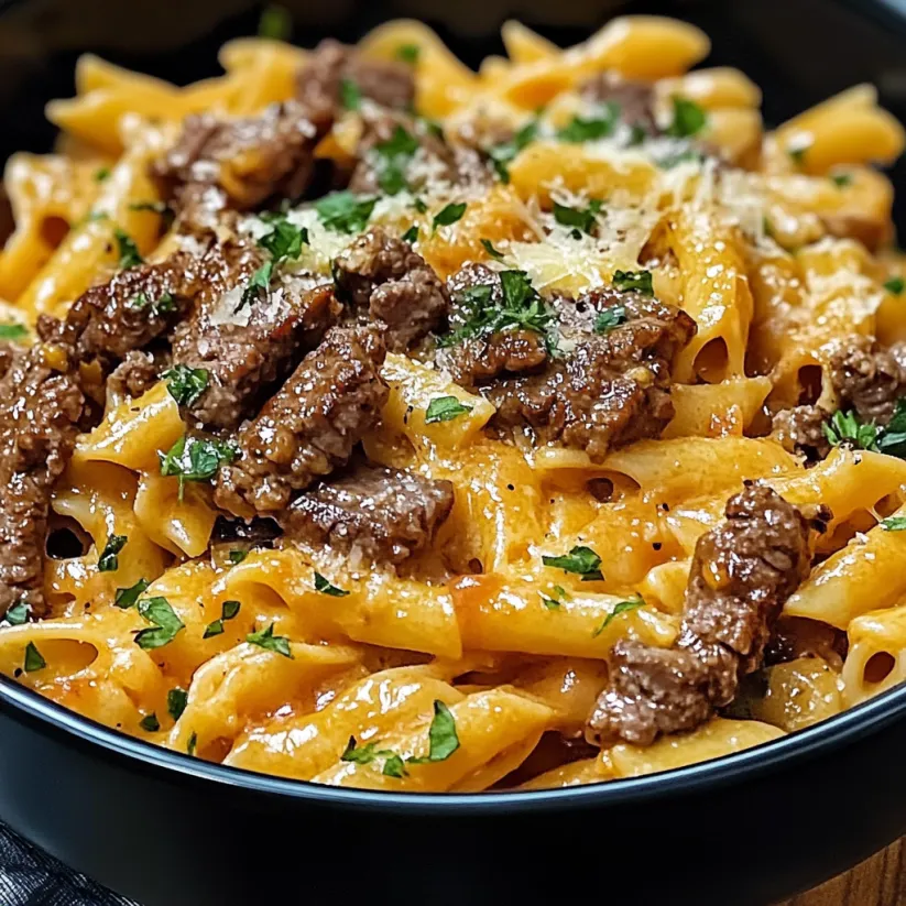 A bowl of beef and garlic butter pasta.