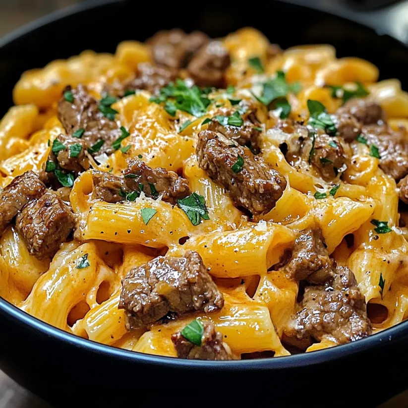 A bowl of beef and garlic butter pasta.