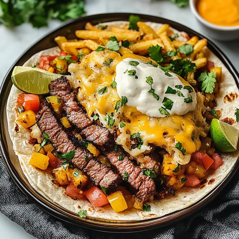 A plate of steak and cheese dirty fry burritos.