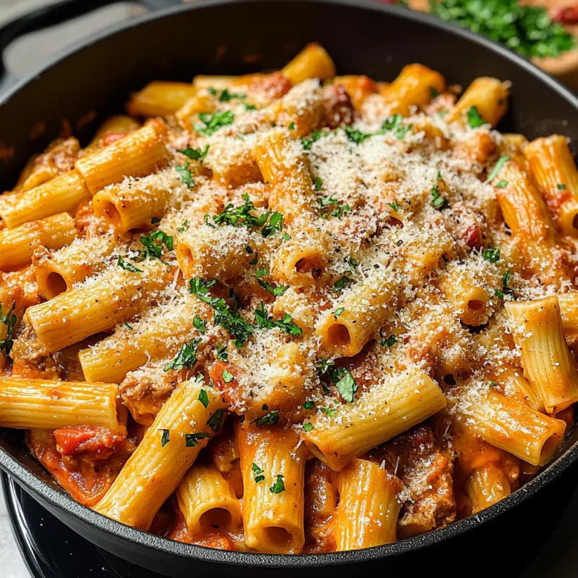 A bowl of rigatoni pasta with tomato sauce.