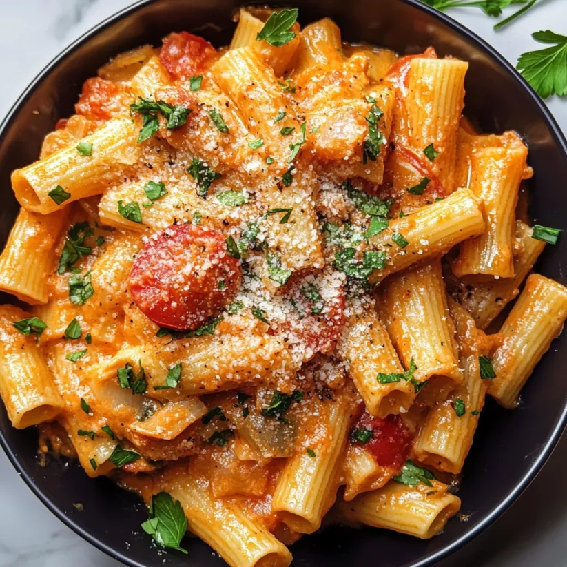 A bowl of rigatoni pasta with tomato sauce and cheese.